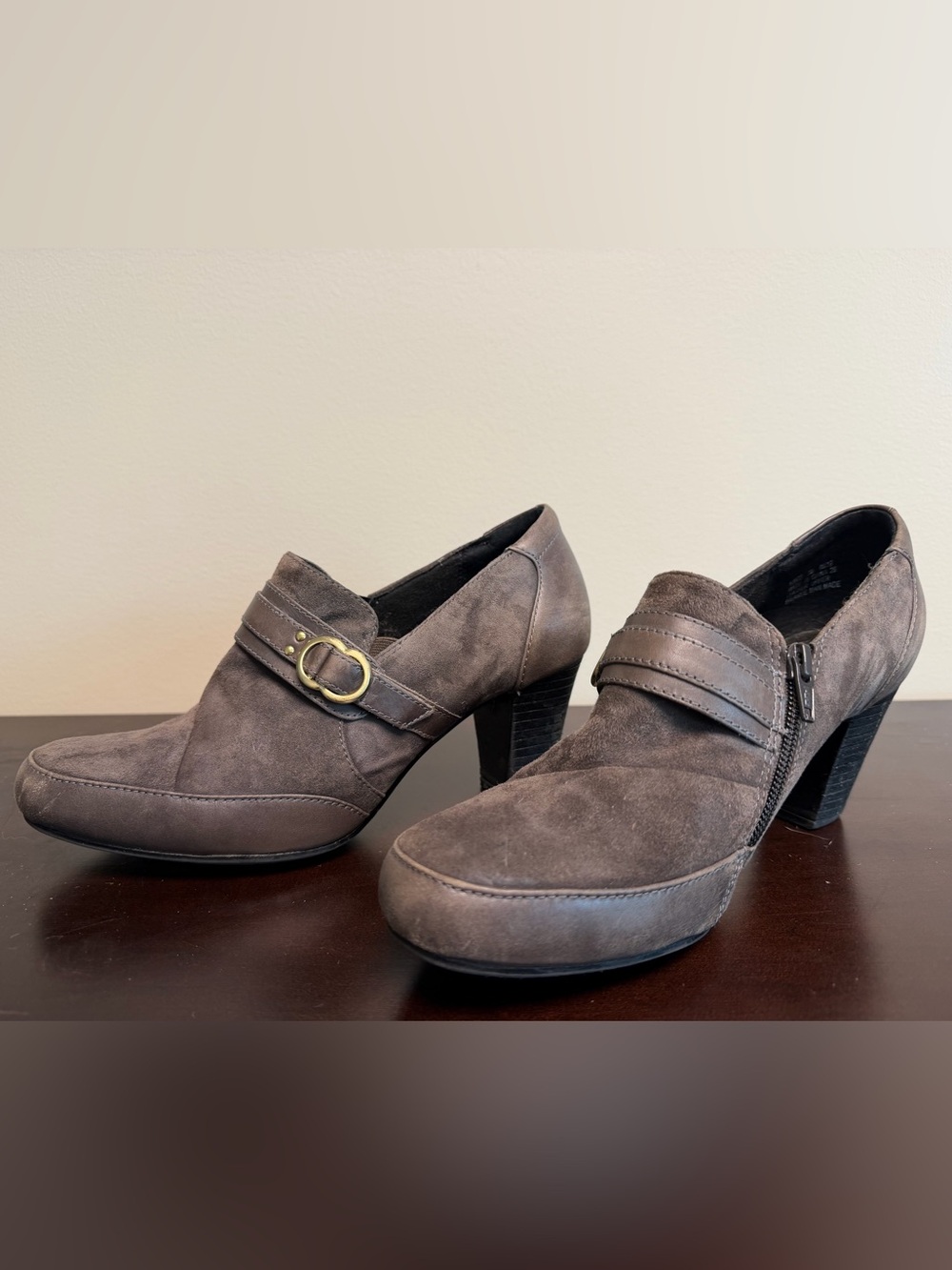 Clarks Gray Suede Mid Heel Loafers with Buckle